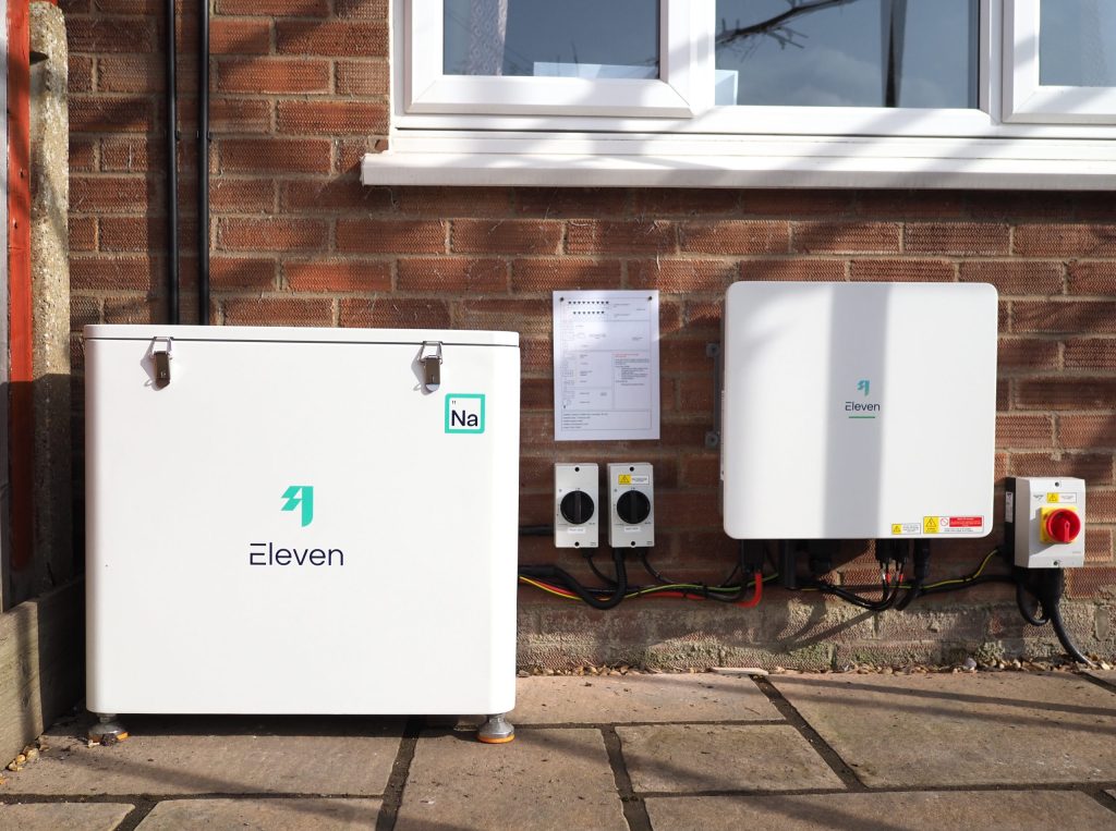 An Eleven Energy Sodium Battery on the outside of a house.