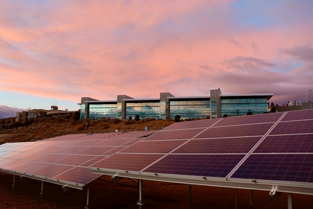 Solar panels installed outside an office building